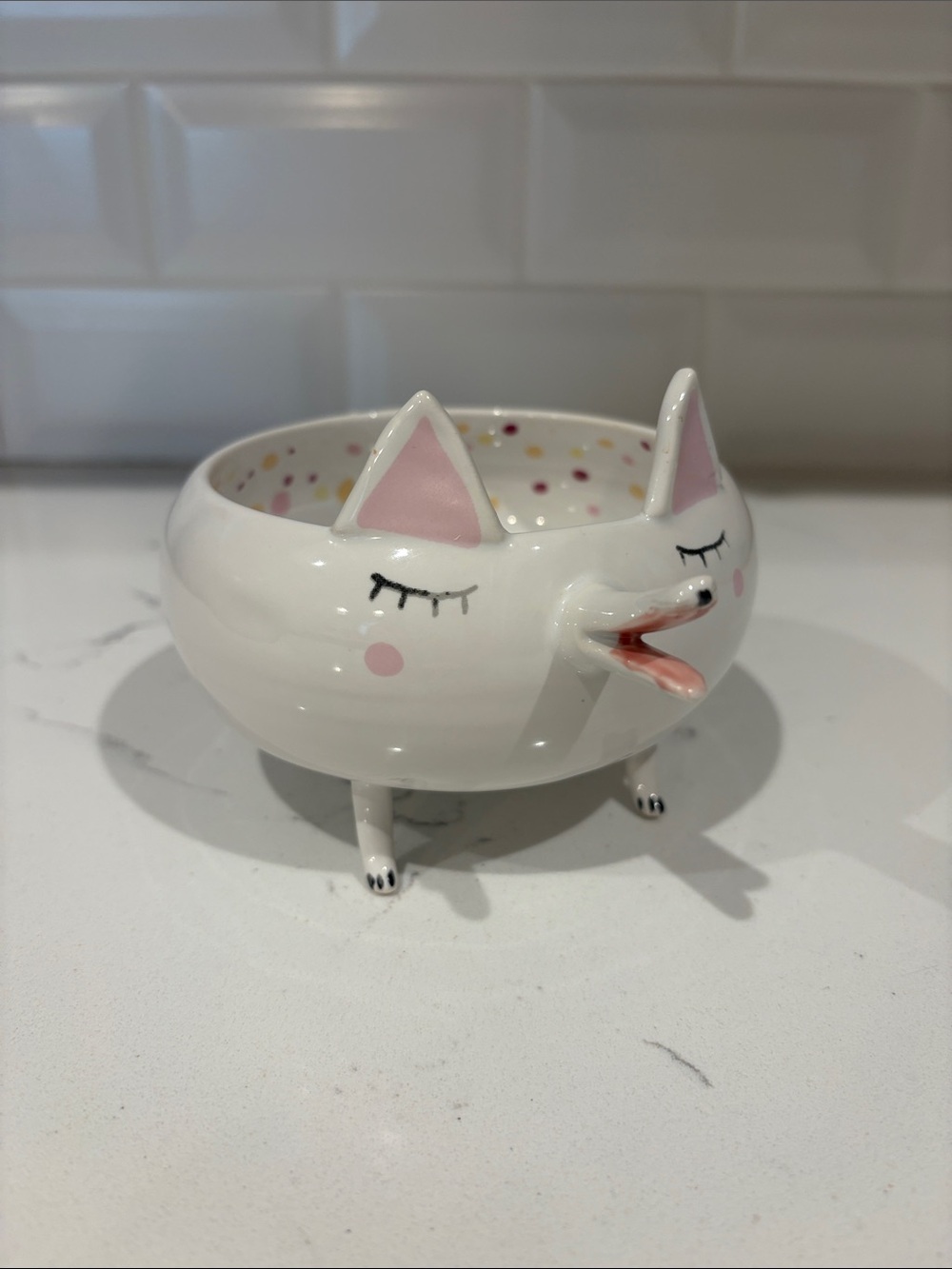 Whimsical White Ceramic Cat Planter with Pink Accents